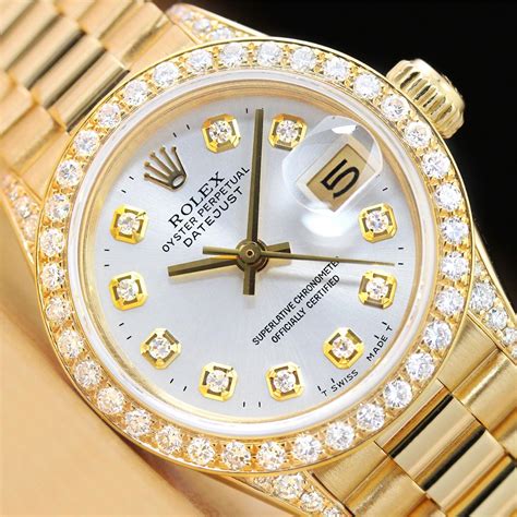 18ct gold rolex ladies watch|ladies Rolex president diamond bezel.